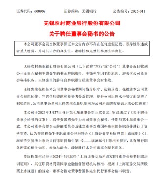 无锡银行：董事会秘书王锋因年龄原因辞任 聘任费国栋为公司董事会秘书