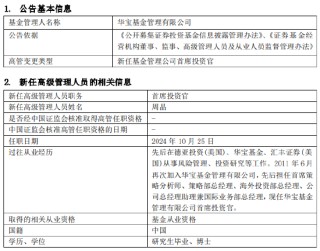 华宝基金新任周晶为首席投资官