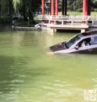 六旬阿姨小区内驾车冲进水里！落水后自行脱困，有人被撞到