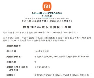人均奖励47万元！小米宣布：奖励1510名员工4101.9万股，价值7.17亿元