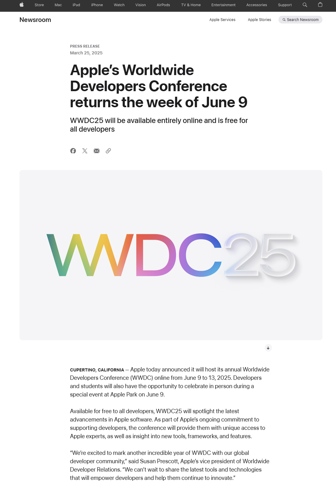 苹果官宣“WWDC25”：6月9日拉开帷幕 重点介绍软件最新进展  第1张